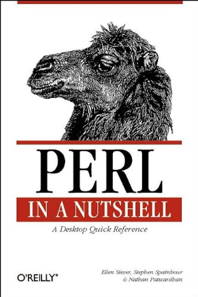 The cover of the first edition of Perl in a Nutshell by Ellen Siever. It has a camel's head on a white background.